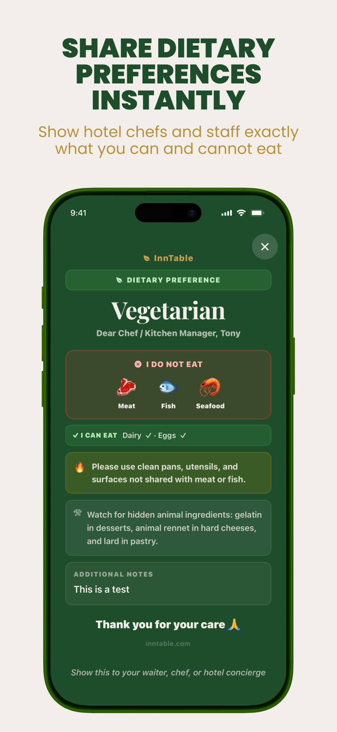 InnTable app showing a pre-arrival dietary letter to a hotel